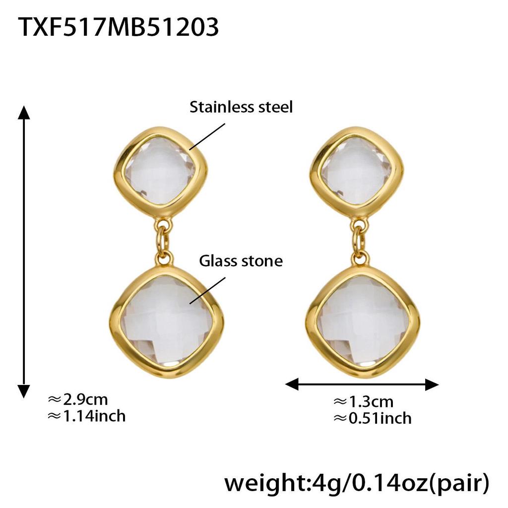 Geometric Glass Stone Earrings & Stainless Steel Bead Necklace Bracelet Set - Multi-color Patchwork Jewelry