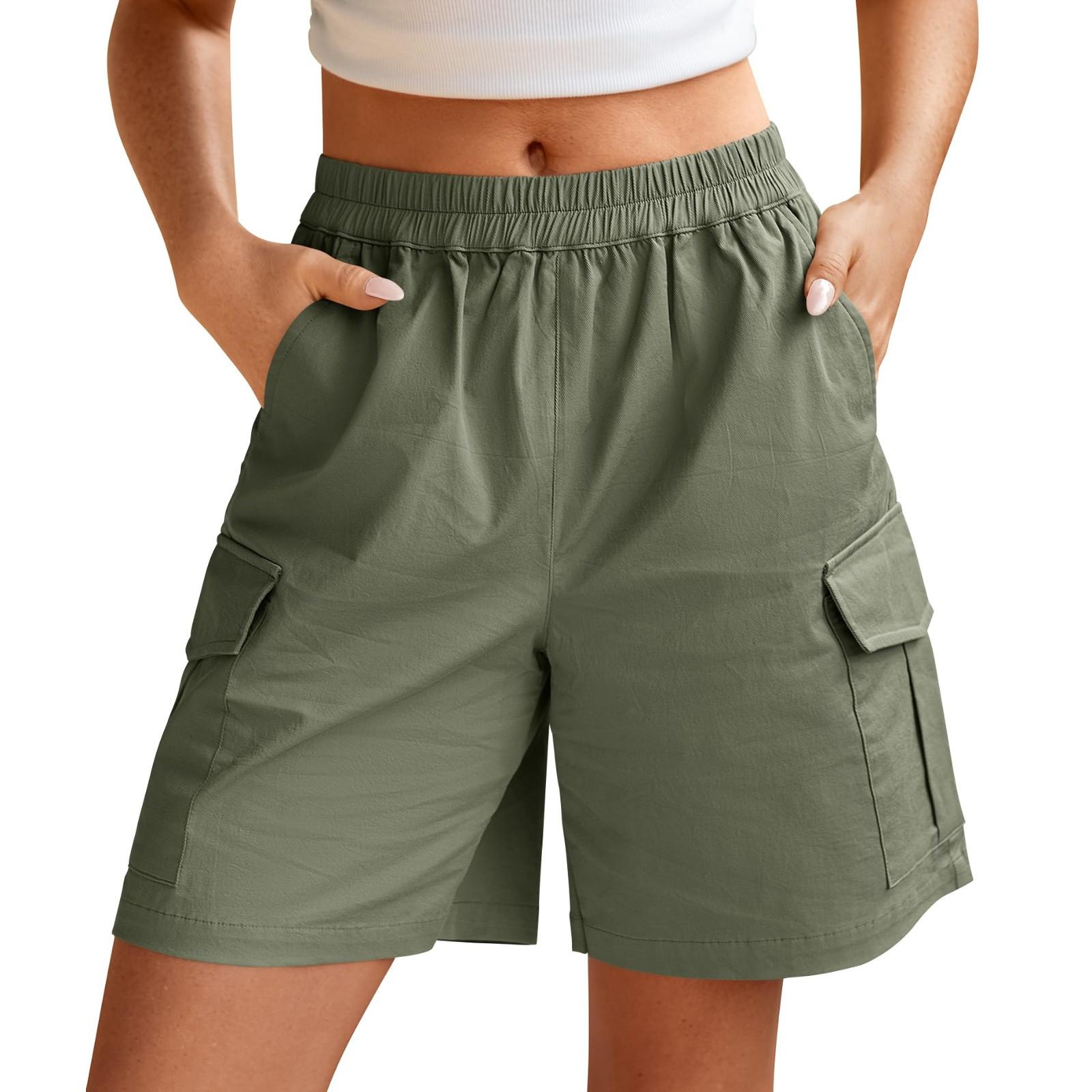 

Женские льняные брюки с широкими штанинами, эластичные брюки-палаццо с высокой талией, повседневная свободная одежда для пляжного отдыха с карманами M хаки