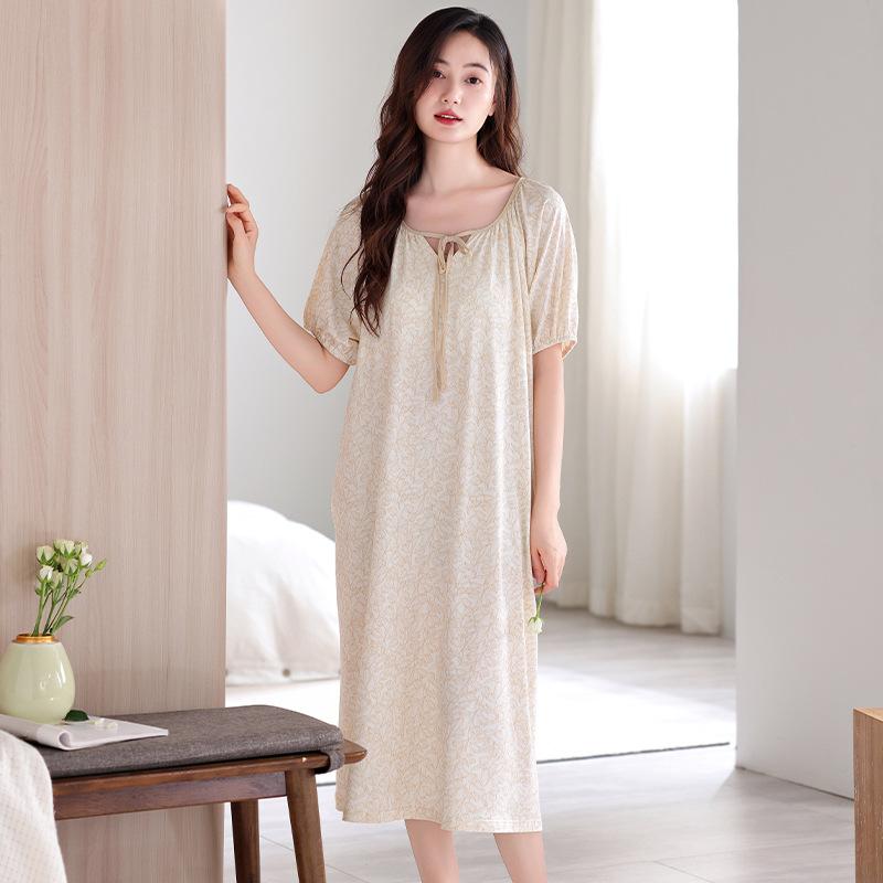 Pajamas Women's Summer with Chest Pads Short Sleeves Cotton Pajamas Skirts Long Summer Thin Maternity Large Size Dresses