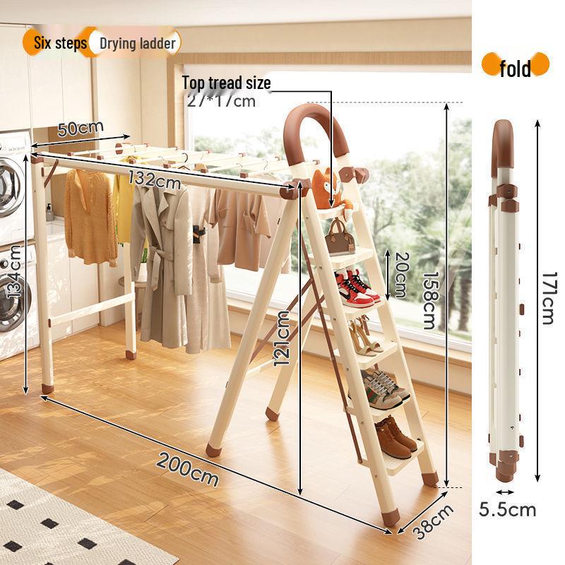 Household Indoor Folding A-Frame Ladder: Multifunctional Clothes and Quilt Drying Rack with Four to Six Steps
