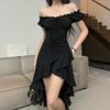 Black ruffle edge irregular dress for women's summer new one-word shoulder waist sexy skirt for women