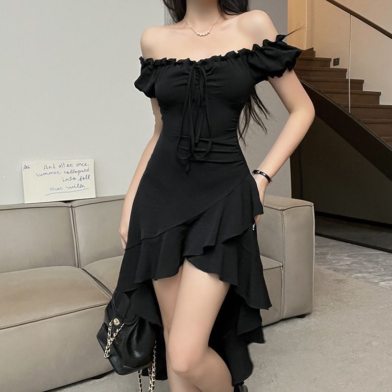 Black ruffle edge irregular dress for women's summer new one-word shoulder waist sexy skirt for women