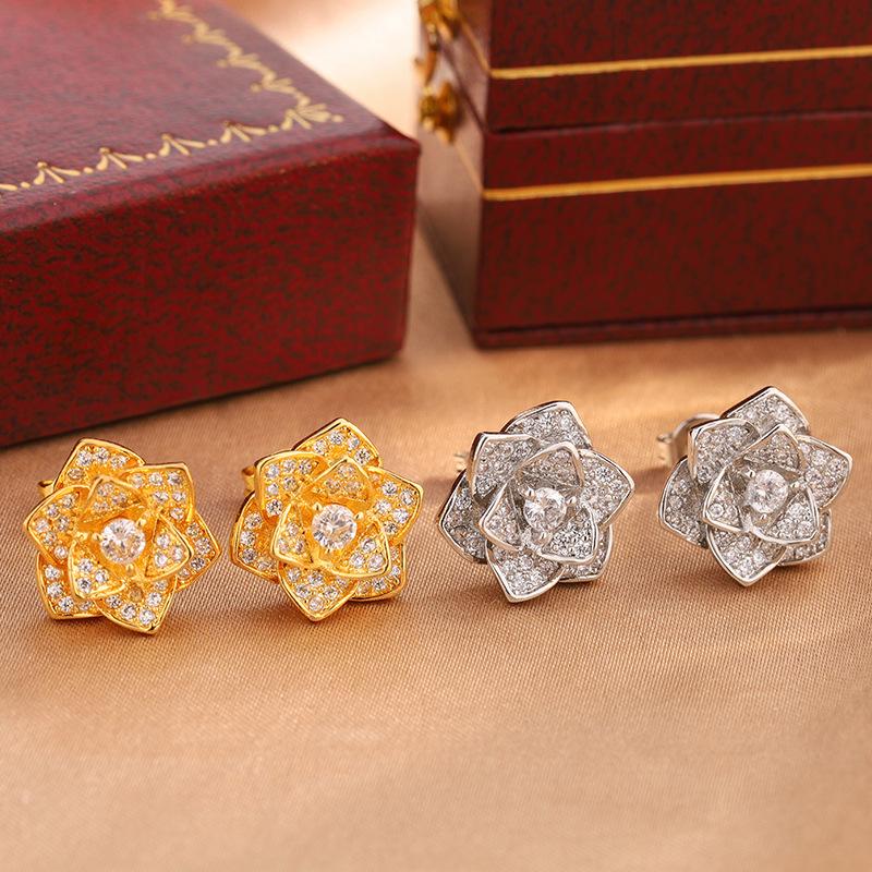 2026 New European and American Niche Color Retention Gold Platinum Micro-inlaid Zircon Flower Ear Buckle Ear Hook Earrings Accessories