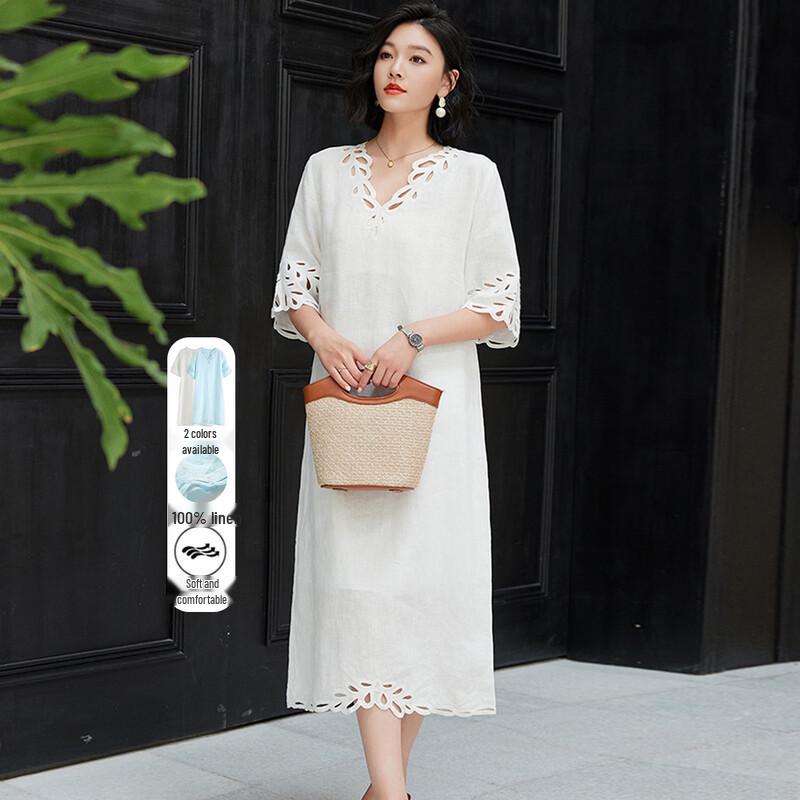 Women s Linen Hollow-Out V-Neck Midi Dress M
