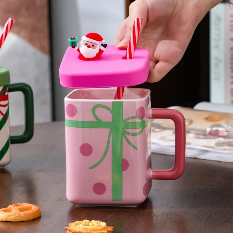 Cute Santa Claus Ceramic Mug With Handle Lid Straw Home Oat Milk Coffee Breakfast Cup Couples Christmas Gift 450ML