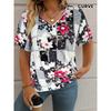 T-shirt Women's Summer Casual Elegant V-neck Short Sleeve Retro Floral Top Loose Casual Wear Ladies T-shirt