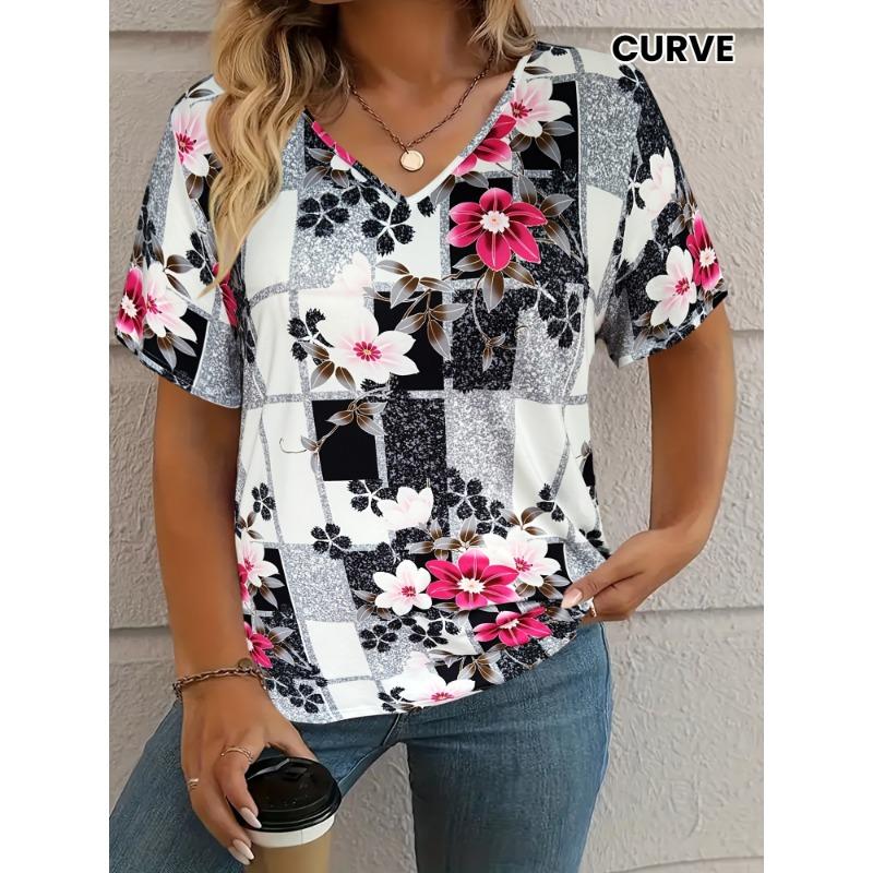 T-shirt Women's Summer Casual Elegant V-neck Short Sleeve Retro Floral Top Loose Casual Wear Ladies T-shirt