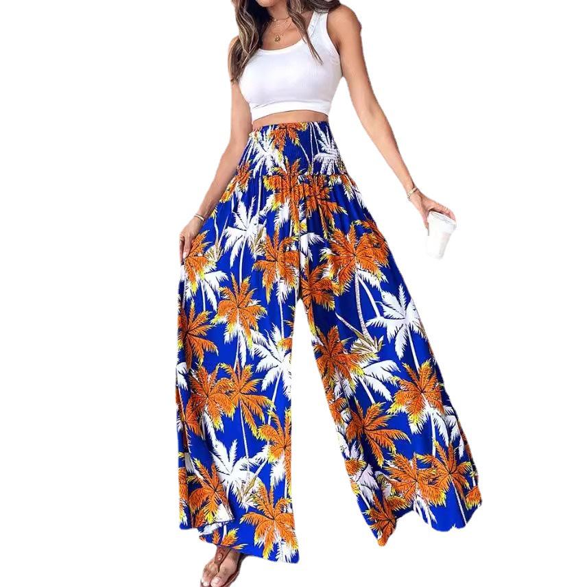 2024 Retro Floral Print Waist-Cinching Wide-Leg Pants for European and American Women