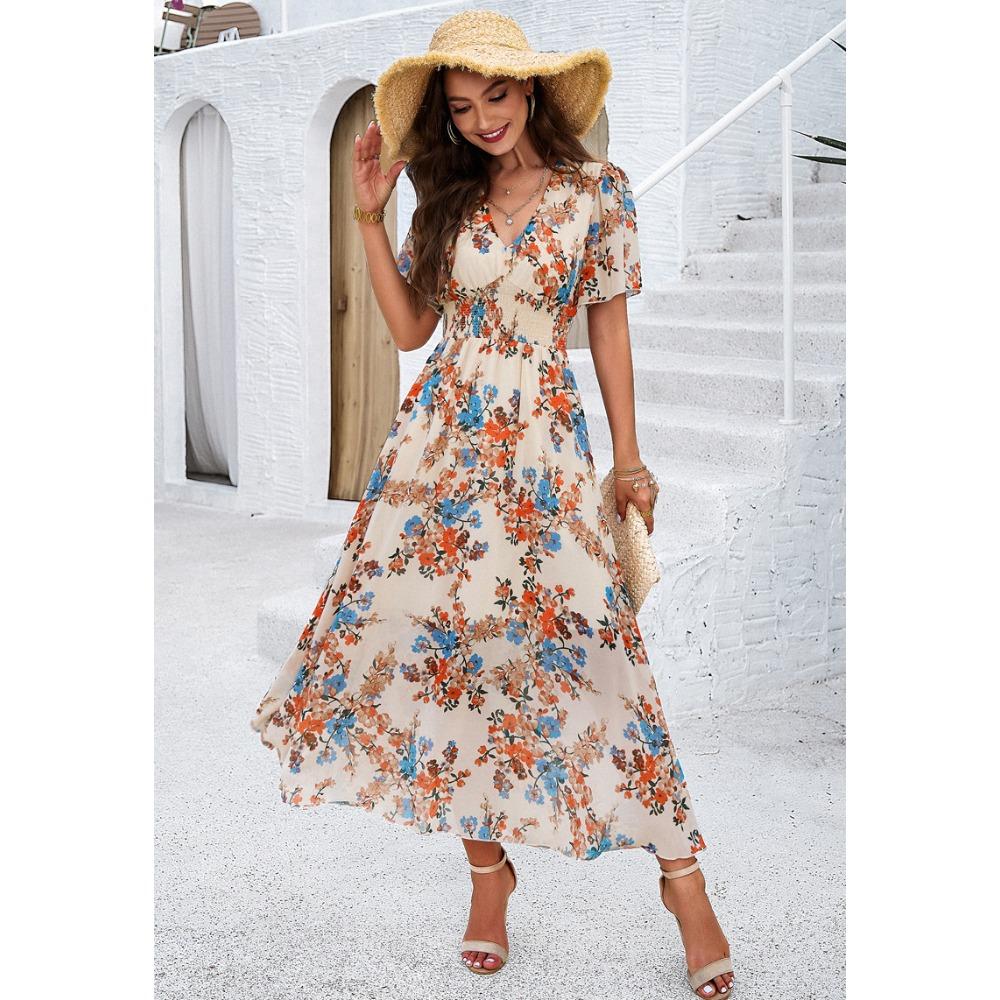 Abito Maxi da Donna Scollo a V Manica Corta Stampa Floreale Vita Alta Linea ad A Elegante Casual