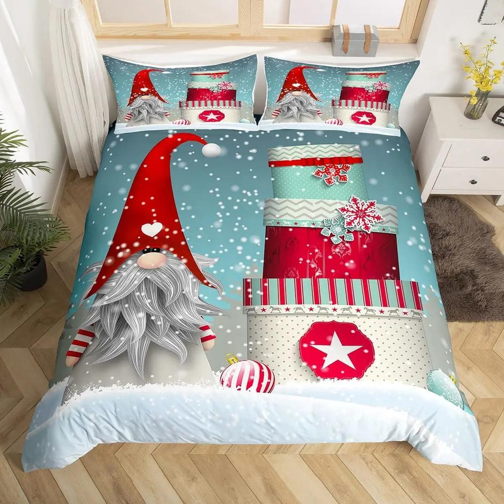 Xmas Duvet Scandinavian Christmas Santa Gnomes Comforter Cover Snowing Santa Claus Bedding Sets Romantic Candlelight Quilt Cover