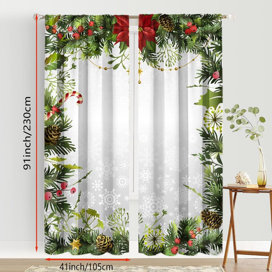 2PCS Digital Print Curtains, Pine Branch Red Berry Christmas Pattern, Natural Rustic Style for Xmas Holiday Home Decor