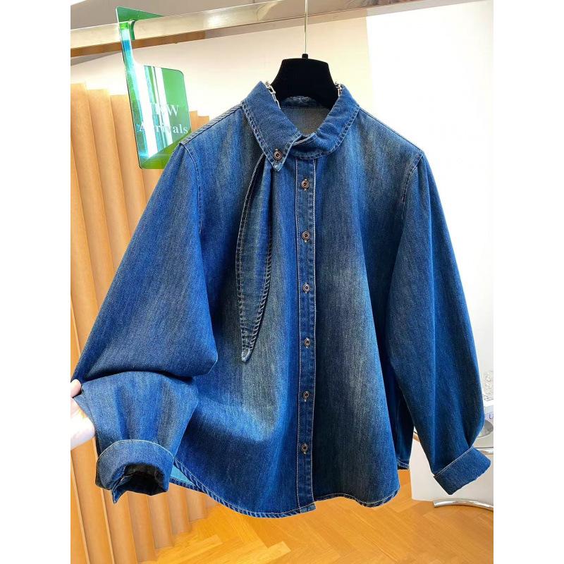 Korean Women's Loose Fit Blue Denim Long-Sleeve Shirt - Early Spring 2026