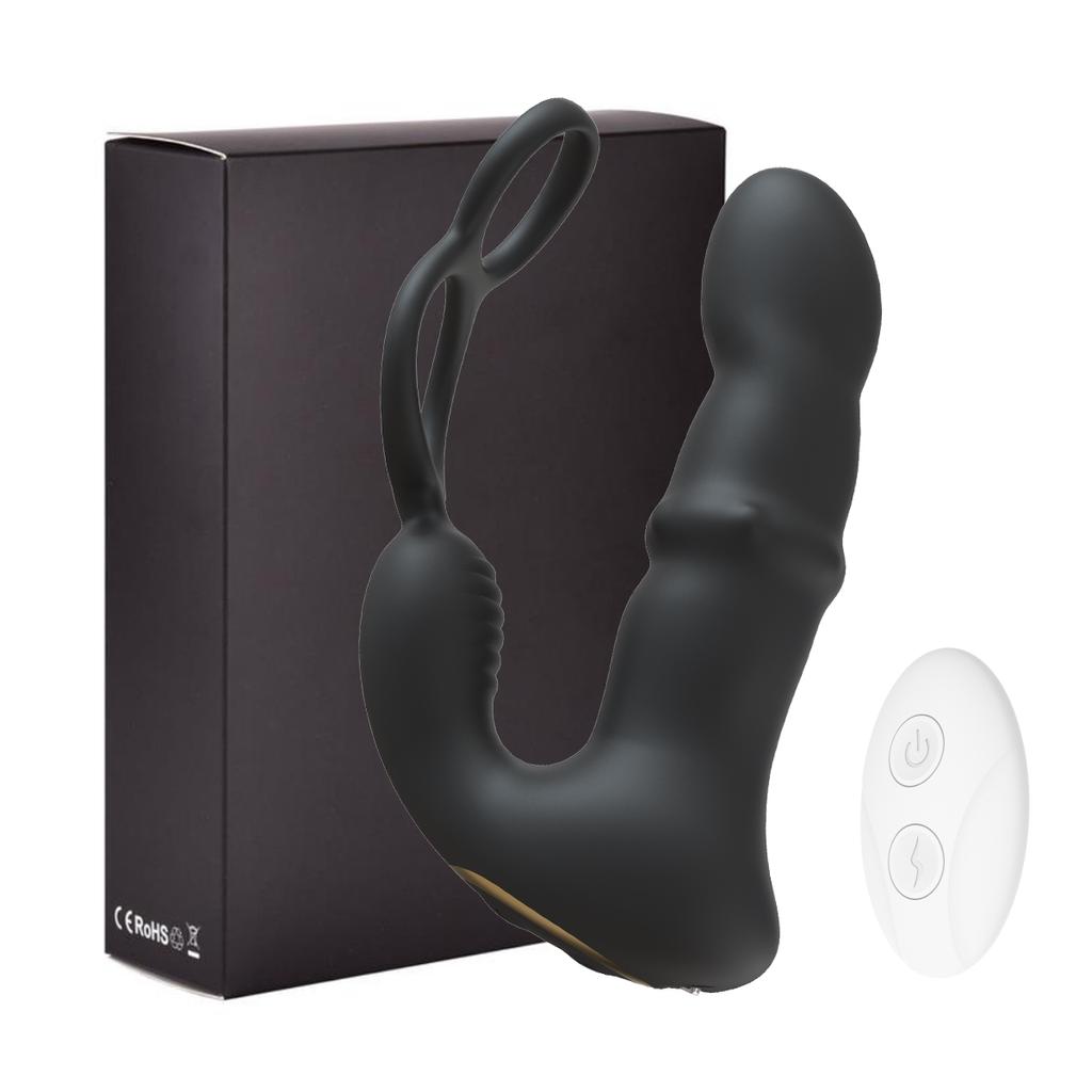 9 Wiggling Thrusting Beads Prostate Massager Vibrating Butt Plug with Penis Ring Vibrator Anal Dildo Prostate Stimulor for Men Double-locking Ring