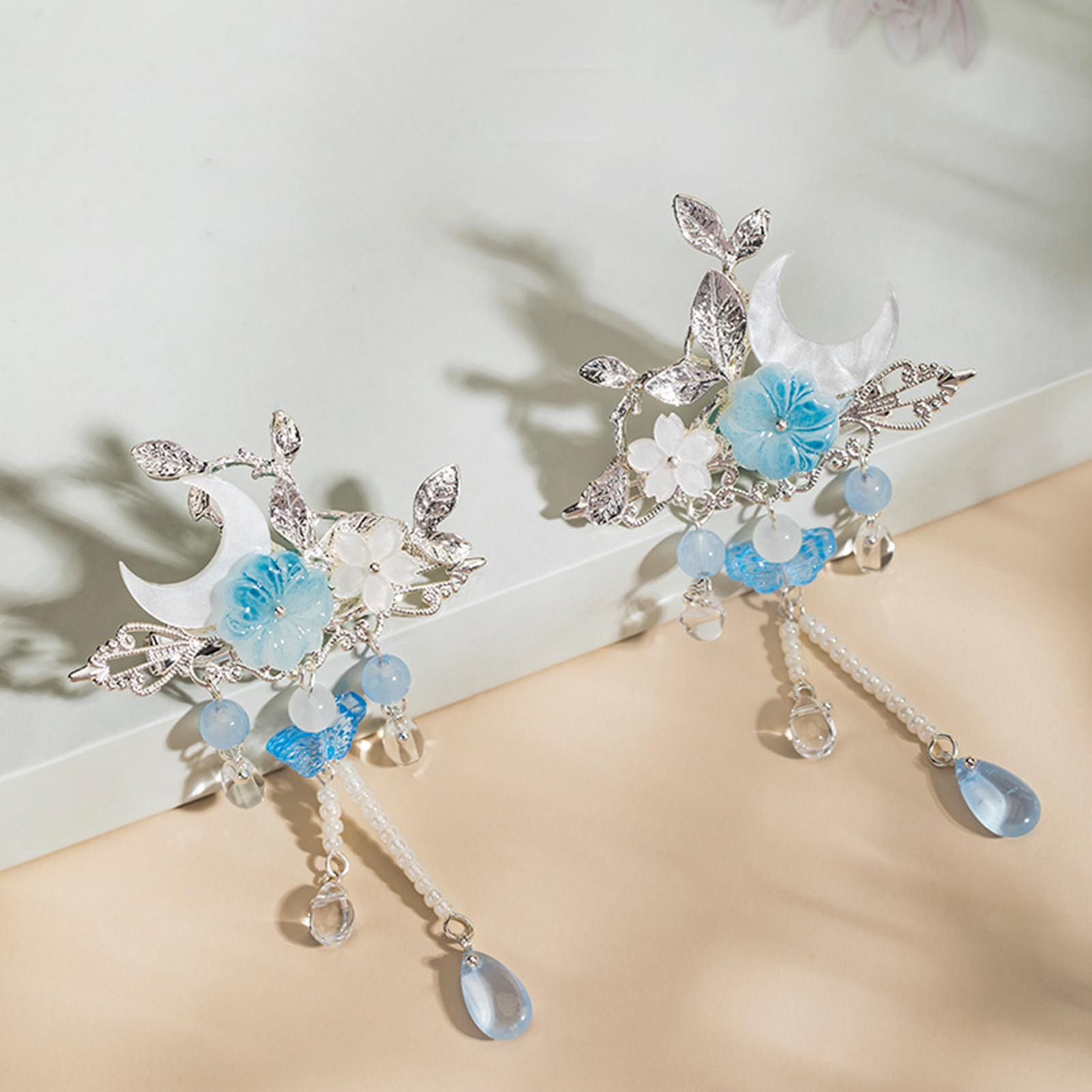 

Винтажная заколка для волос в форме луны, заколка для челки, китайские аксессуары для волос ханьфу, синие заколки с цветами, старинные свадебные украшения для волос