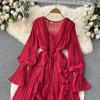 YYFS Women's Fashion Spring Fall Solid Color Print Long Sleeve V-Neck High Waist Casual Dresses