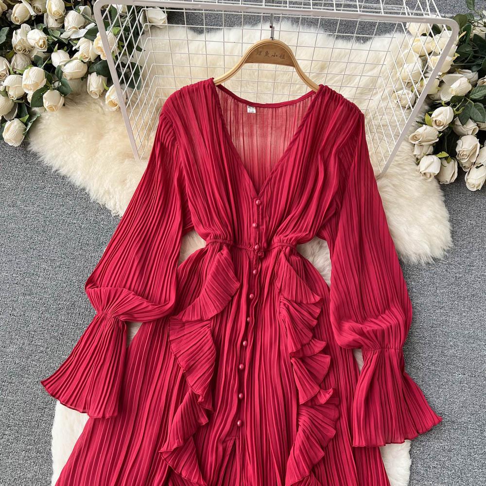 YYFS Women's Fashion Spring Fall Solid Color Print Long Sleeve V-Neck High Waist Casual Dresses