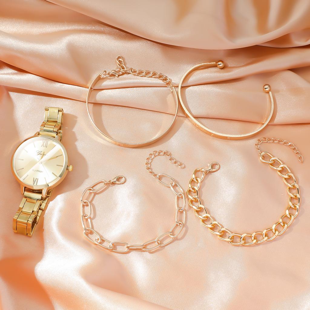 No Gift Box; Fashionable and Versatile Steel Strap Watch with Large Dial and Roman Numerals   Hollow Bracelet 5-piece Set