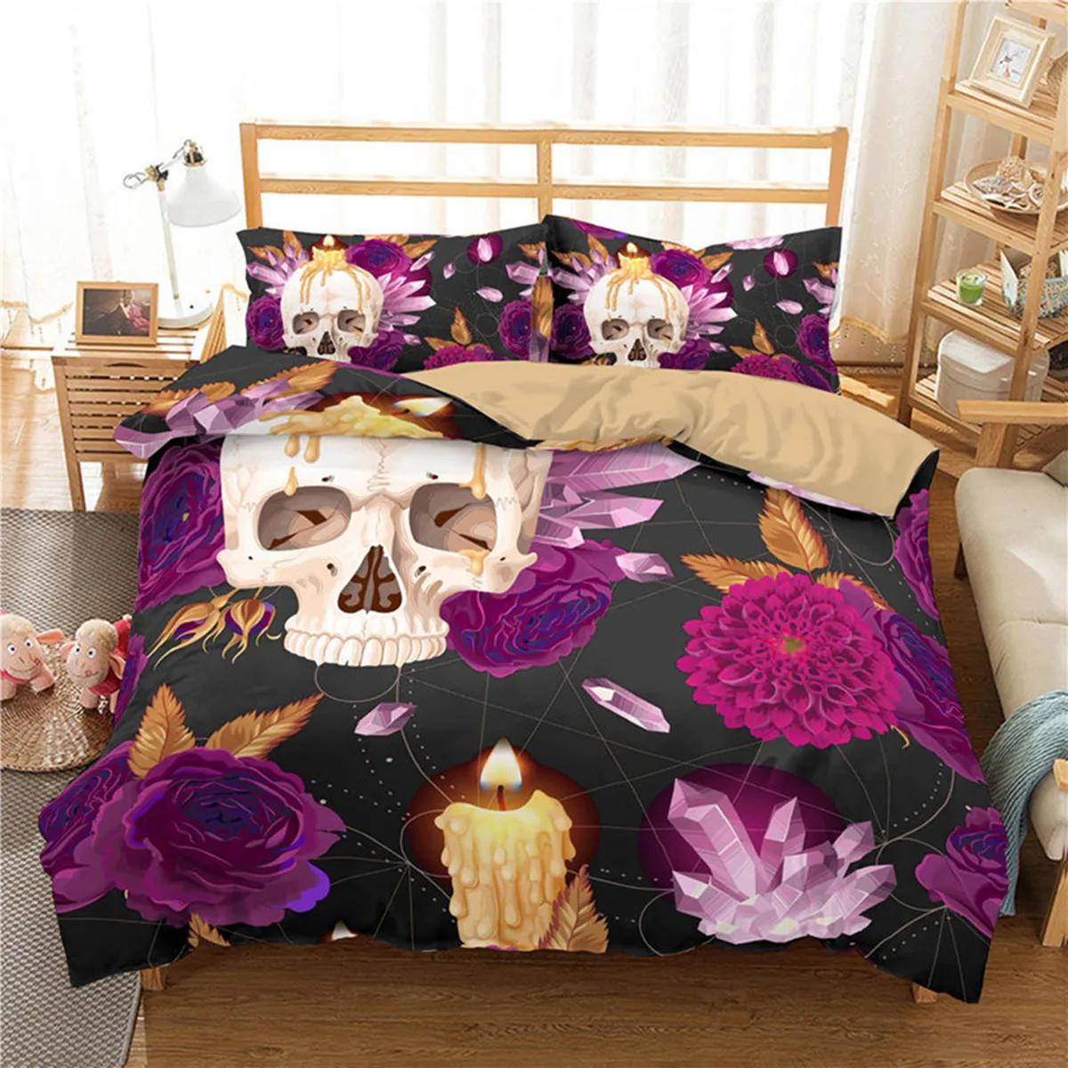 Skull Floral Skull Duvet Cover Full Size Gothic Skull Rose Bones Skeleton for Kids Women Men Red Black for Bedroom Decorations 70x133cm 2pcs
