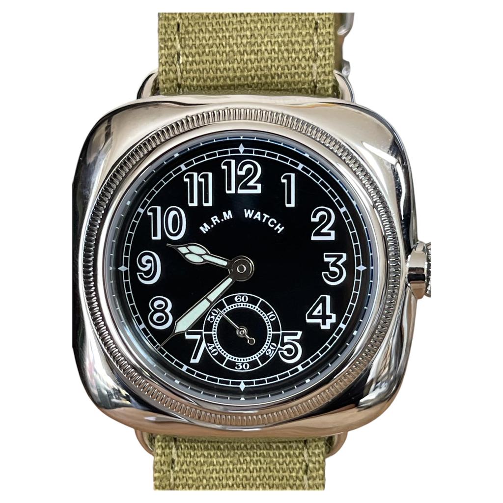 Military Watch Cushion Watch Black Dial Green Cloth Strap [M.R.M.W.]