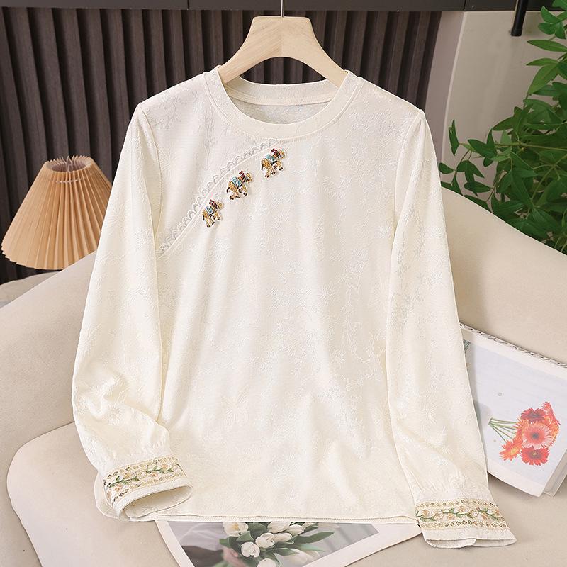 Elegant Chinese Beaded Embroidery Jacquard Long Sleeve Top for Spring/Autumn 4XL белый