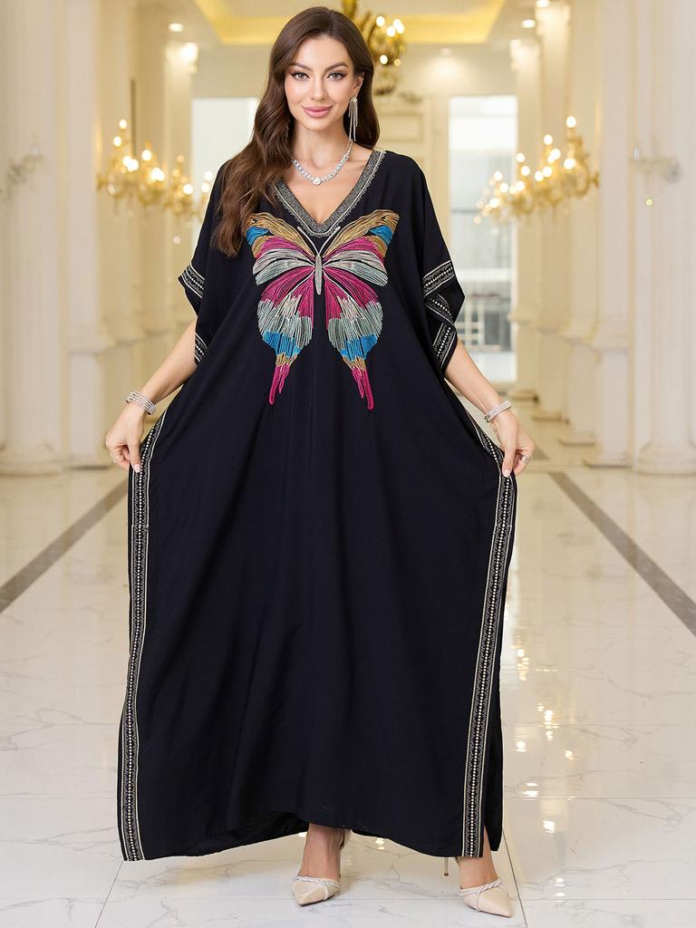 Womens Elegant Embroidered Butterfly Kaftan Dress V-Neck Side Slits Loose Fit Long Maxi Gown for Evening Parties Casual Chic Q1779-4160