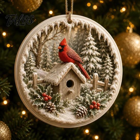 Charming Holiday Tree Accents 2 Pcs Red Bird Christmas Ornaments, 2D Round Acrylic Snowy Scene Classic Keepsake Ornaments Xmas Hanging Decoration for