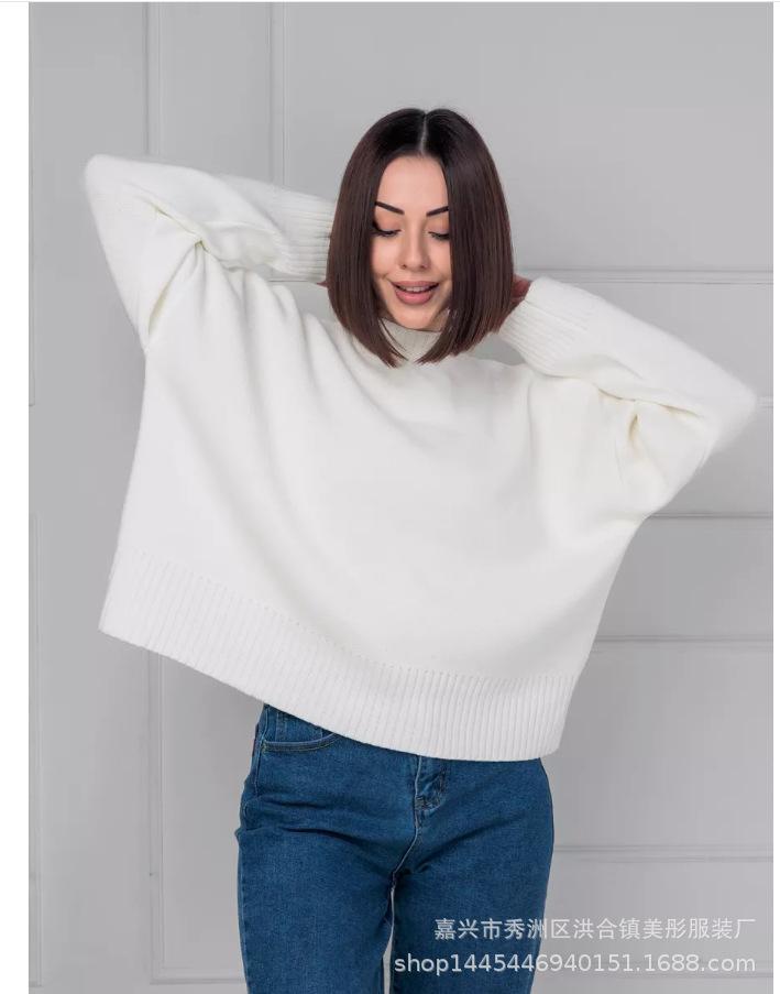 Crew neck sweater women's European, American autumn and winter new solid color versatile casual lazy pullover knitted sweater top