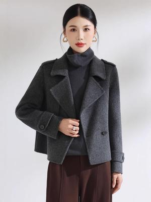 Petite Versatile Double-Faced Wool Coat: Short Double-Breasted Casual Suit Collar Slimming Outerwear