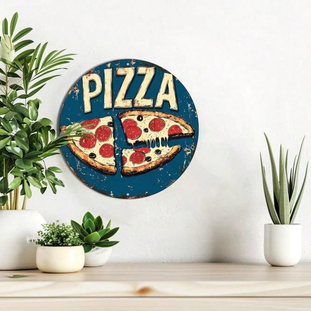 Vintage Pizza Slice Metal Round Wall Art Rustic Blue Tin Sign Home Bar Office Decor Pizza Lover Gift