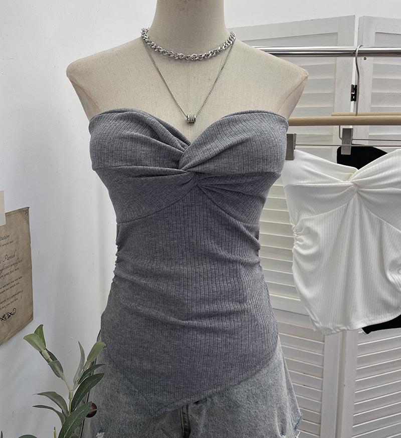American Spicy Girl Knotted Cross Knit Bandeau Top with Padded Cups One Size серый