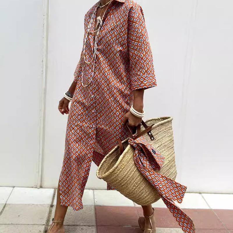 Wish Autumn Five-quarter Sleeve Striped Split Shirt Dress Women