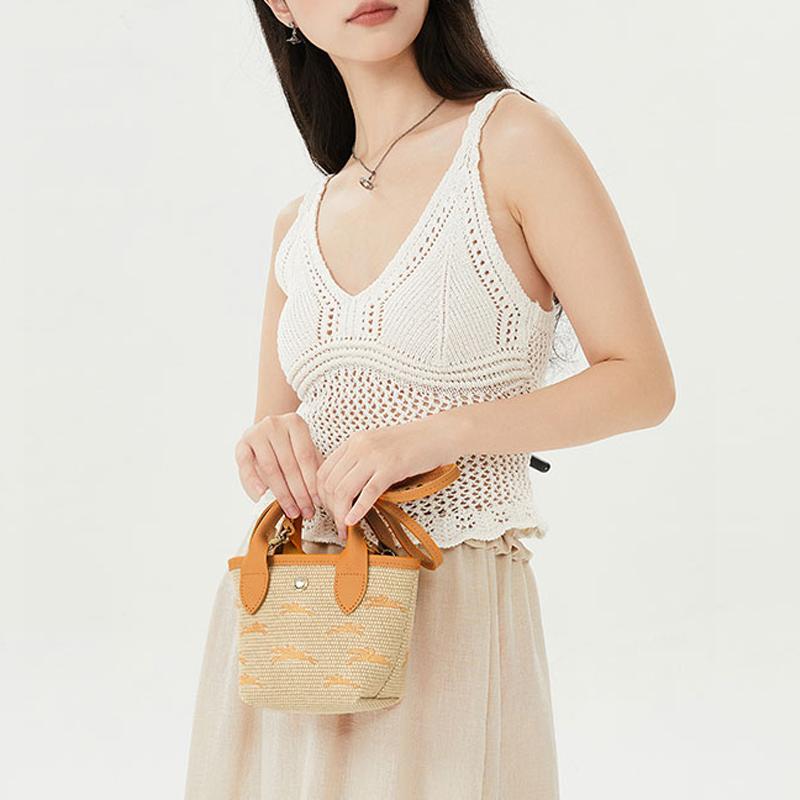 Longchamp Le Panier Pliage Logo Embroidered Detachable Shoulder Strap Straw Texture Canvas Mini Shoulder Crossbody Tote Bag Women Bags 10206HCF222