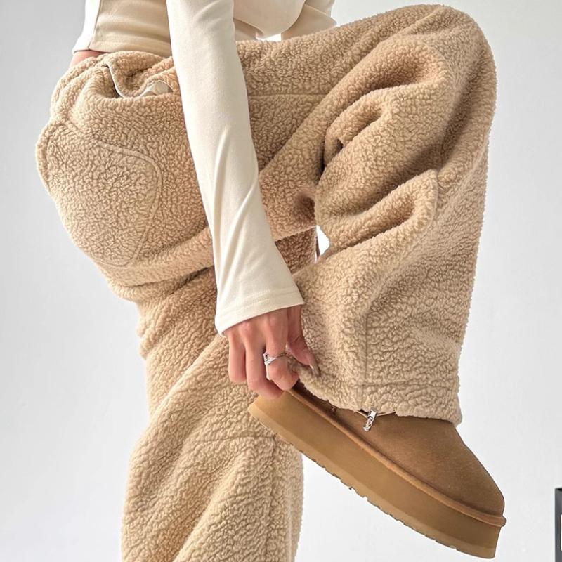 Simple Women's Thickened Pants Elastic Waist Polar Fleece Drawstring Straight Bottom Wide Leg Female Trousers Autumn Winter