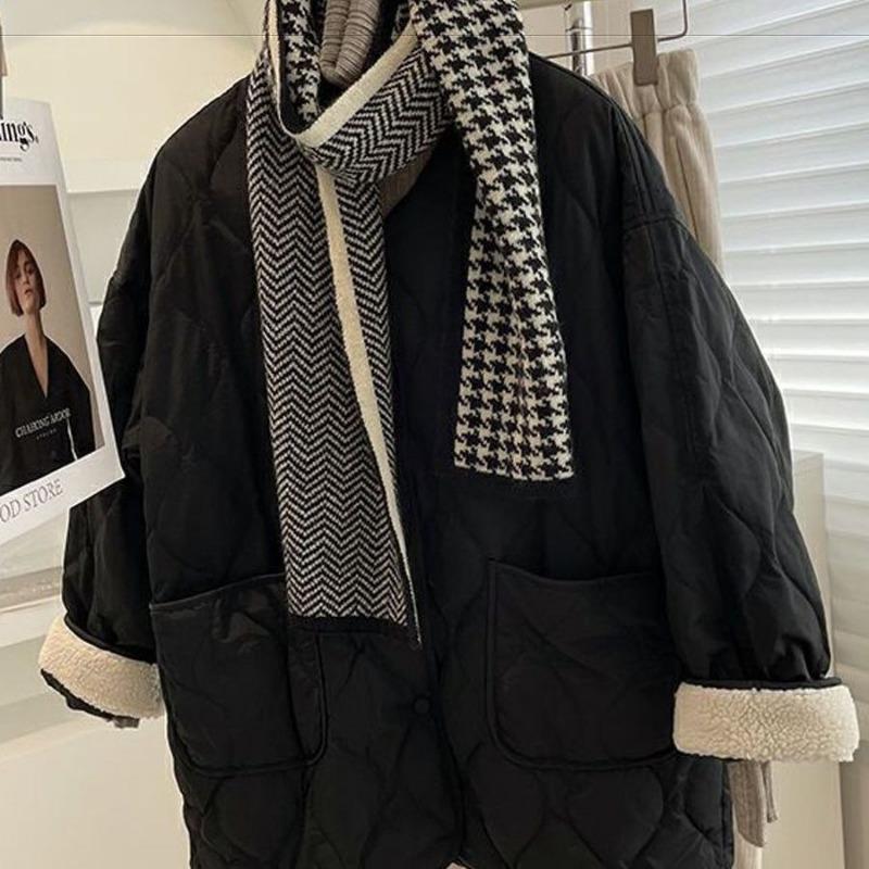 

Женская зимняя куртка из овечьей шерсти с ромбовидной стежкой, свободного кроя, легкая и тонкая, теплая, на хлопковой подкладке xL 135-75 kg чёрный