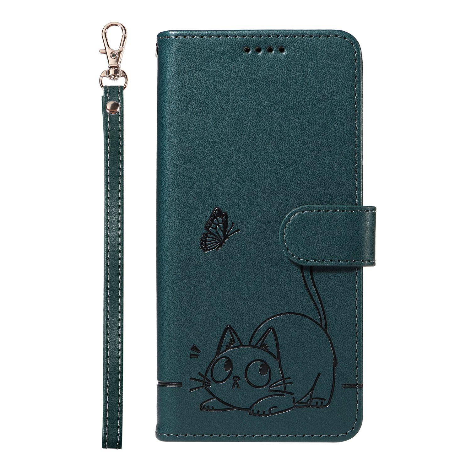 

Leather Wallet Flip Case For Motorola Edge 70 60 50 40 Fusion + Pro Ultra Neo 5G 2025 Cat and Butterfly Embossed,Wrist Strap Motorola Edge 70 Fusion темно-зелений колір