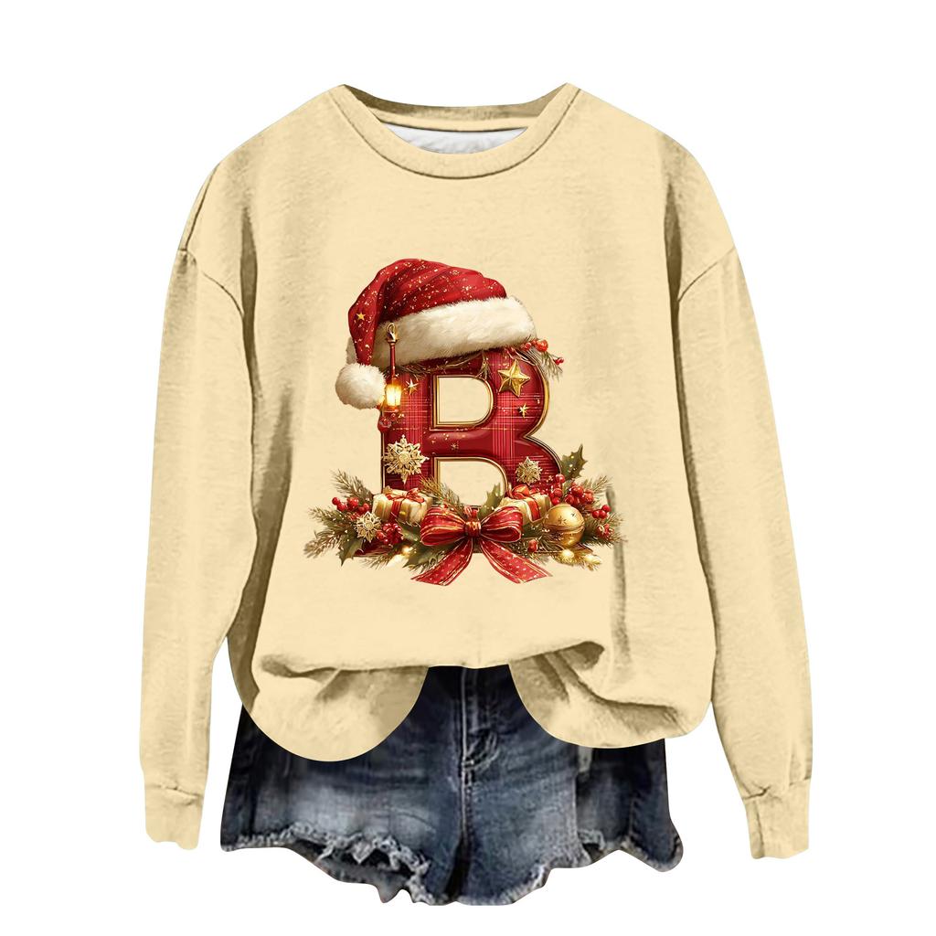 Women's Fashionable Casual Long-Sleeved Christmas Letter Print Crew-Neck Sweatshirt