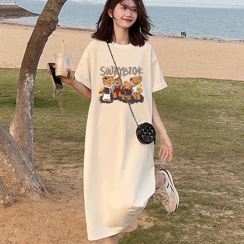 

2024 Maternity Summer Fashion: Loose Short-Sleeve Over-the-Knee Slit Dress XL: 125-145 cm абрикосовый