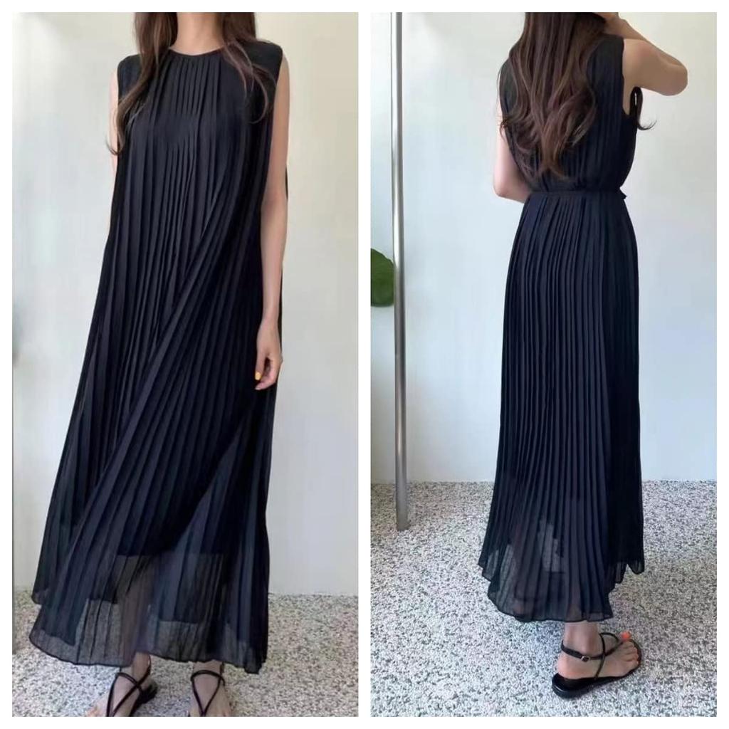 [YUANYUAN] Plissiertes Chiffonkleid, Ärmelloses Kleid, Sommerkleid, Langes Kleid, Klebeband am Hals, Ärmellos, Mit Gürtel, Gefüttert, Schwarz, Maxilänge, Lässig, Entspannt