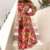 Women's Casual Sexy Flat Neck Pullover Long Sleeve Printed Slit Dress
