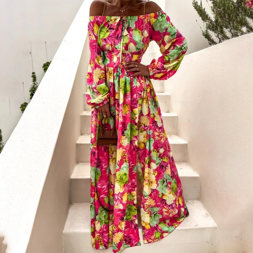Women's Casual Sexy Flat Neck Pullover Long Sleeve Printed Slit Dress