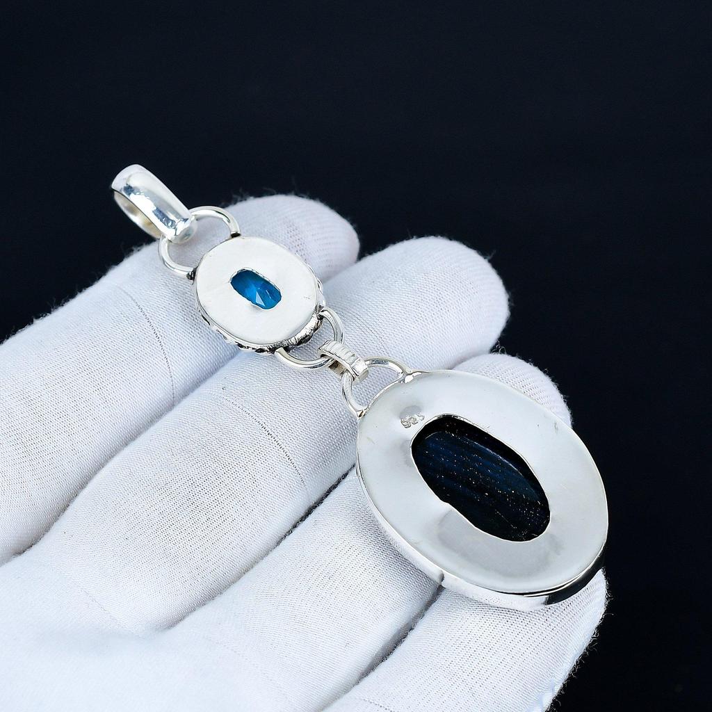 Labradorit Hänge, 925 Sterling Silver Handgjorda Smycken, Blå Topaz Silverhänge, Fest Smycken för Dam, Hänge Förlovningspresent