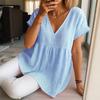 Women Tops V-Neck Short Sleeve Ruffle Splicing Hem Pullover Tops Pure Color Loose Fit A-Line Tee Tops Daily Wear