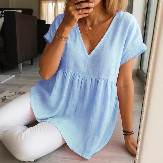 Women Tops V-Neck Short Sleeve Ruffle Splicing Hem Pullover Tops Pure Color Loose Fit A-Line Tee Tops Daily Wear