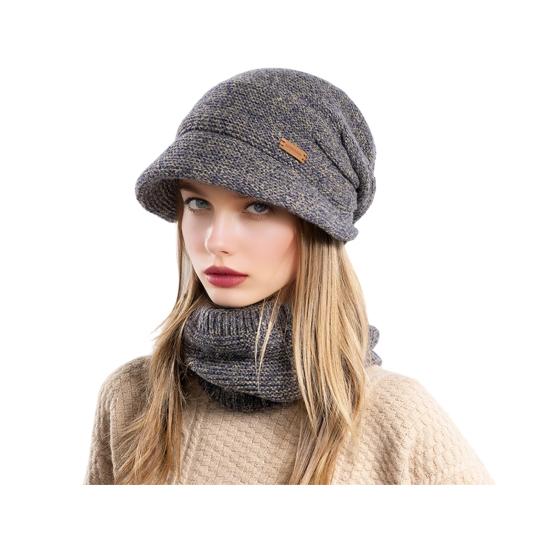 2Pcs/Set Women Winter Hat Scarf Set Solid Color Elastic Thickened Ear Protection Knitting Hat