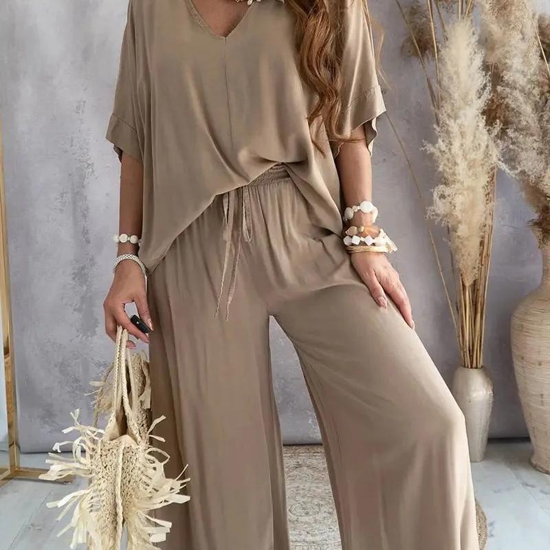 Women's Summer Trousers Suit V-neck Bat Sleeve Casual Top Lace-up Trousers Loose Solid Color Suit Two-piece Set