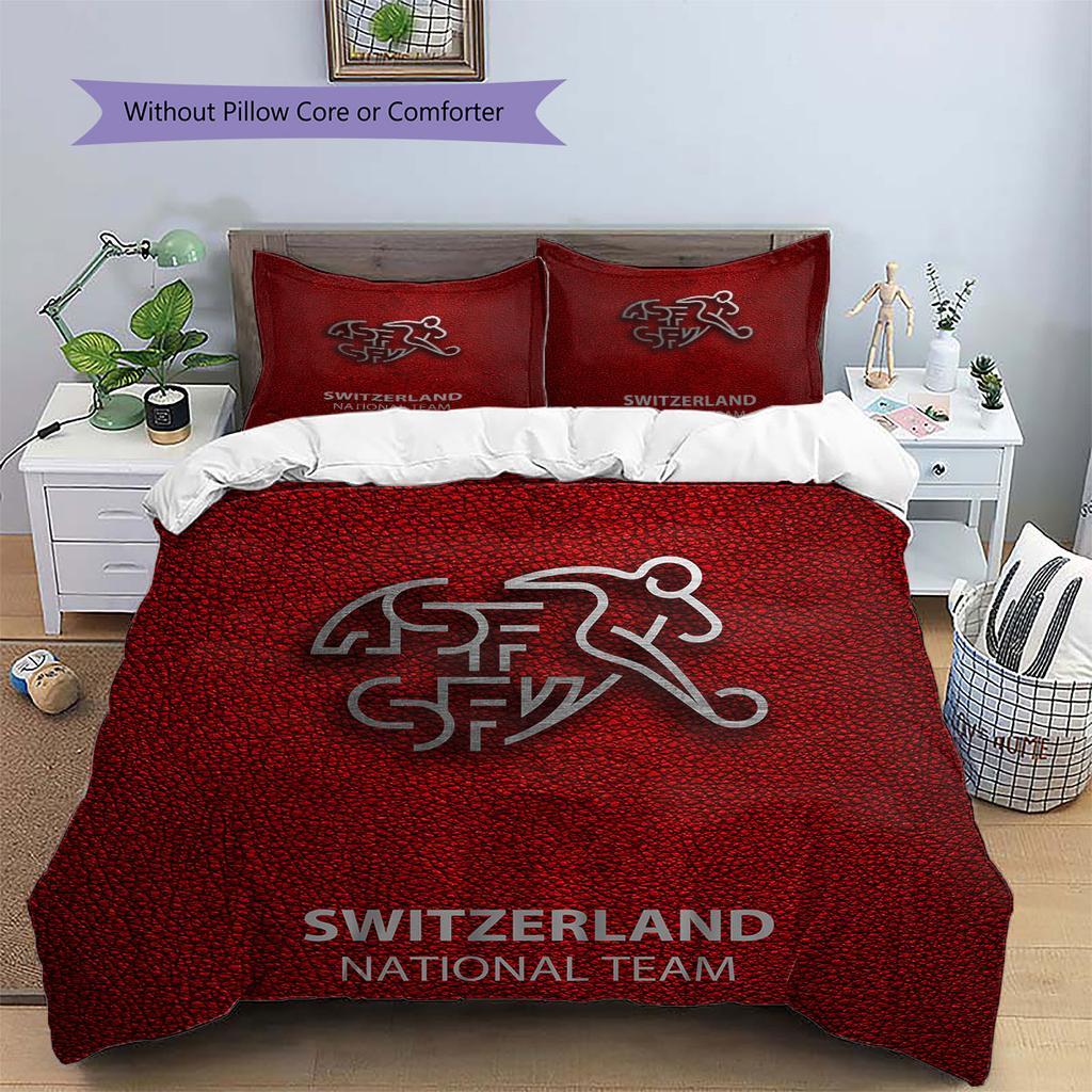 Schweiz Fußball Nationalmuster Bettwäsche Heimdekoration Geburtstagsgeschenk (1 Bettbezug + 2 Kissenbezüge, ohne Füllung),Fanartikel.