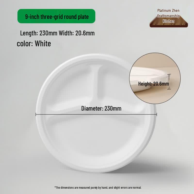 Bozhen Jiangchu 9-Inch White 3-Compartment Sugarcane Plates, 500 Count