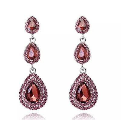 18K Gold Plated Water Drop Dark Red Rose Color Rhinestone Crystal Dangle and Drop Earrings for Women