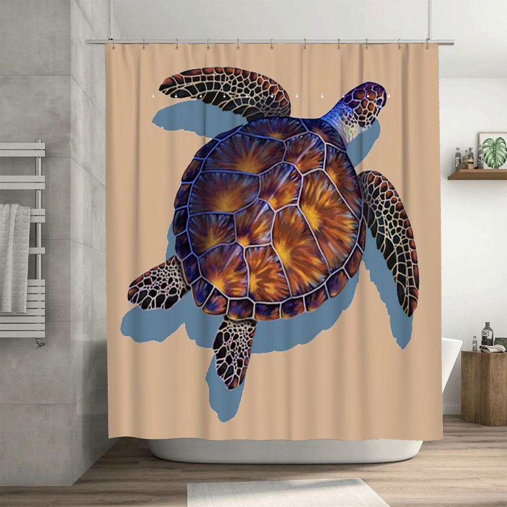 Beach-themed Bath Mat Set: Blue Ocean Turtle Shower Curtain with Vivid Colors for Bathroom Decorations Size 69x70 inches (L x W)