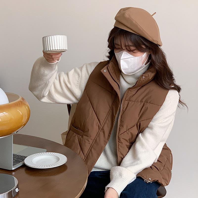 Loose Cotton Sleeveless Vest with Side Zipper for Women, Korean Style Solid Color Coat for Autumn and Winter